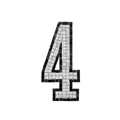 A mosaic number 4 made up of small square tiles in black and white colors.
