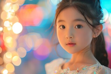 Fototapeta premium A portrait of a young girl with a dreamy expression and colorful bokeh background.