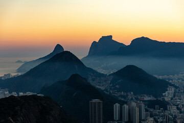 Aerial view sunset of the city of Rio de Janeiro in the background on the coast of Brazil