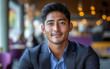 Fototapeta premium Asian man with a smile on his face is wearing a suit and a shirt in studio office background