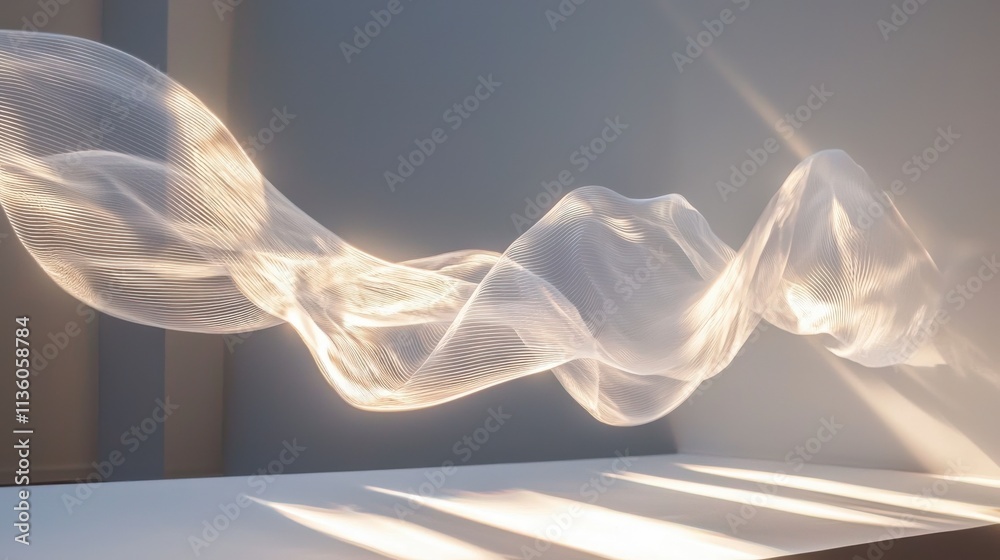 Poster A flowing ribbon of light gracefully rising and falling indoor space digital art minimalist setting artistic perspective