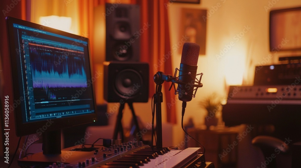 Poster high-end recording setup featuring microphone and headphones in home studio capturing creativity war