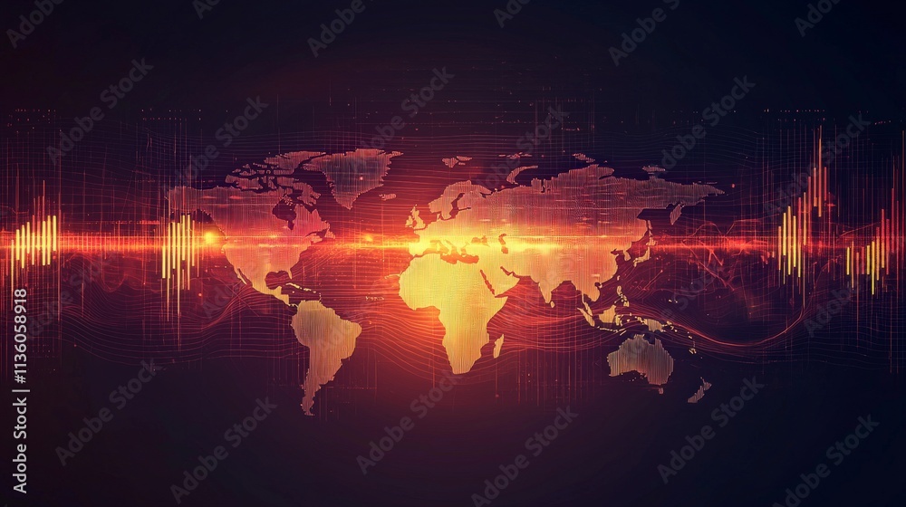 Poster Fading map visualization with soft glow global data trends digital world abstract art style modern aesthetics