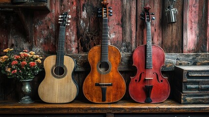 Naklejka premium Vintage String Instruments on Rustic Wooden Wall