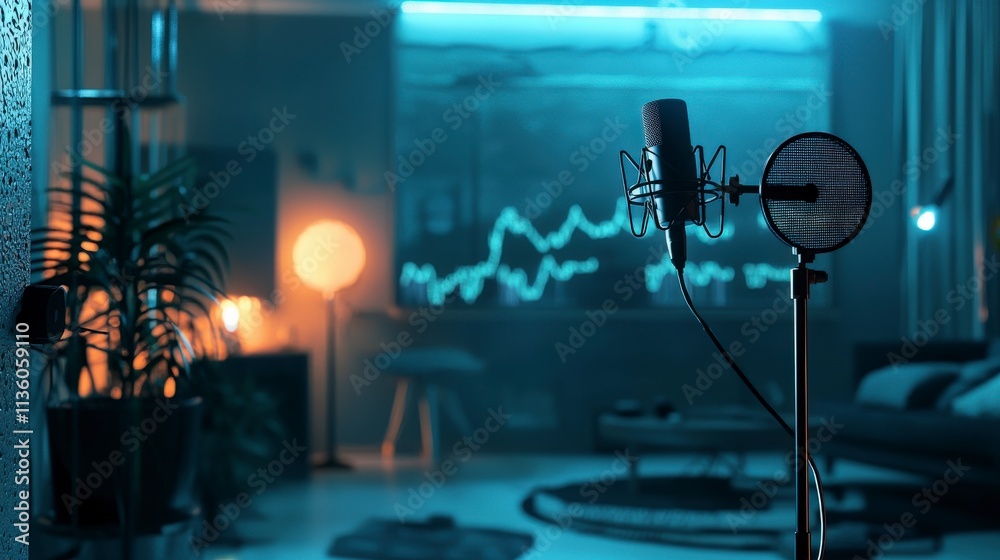 Poster Modern dialogue recording setup with microphones in a stylish studio environment for audio enthusiasts