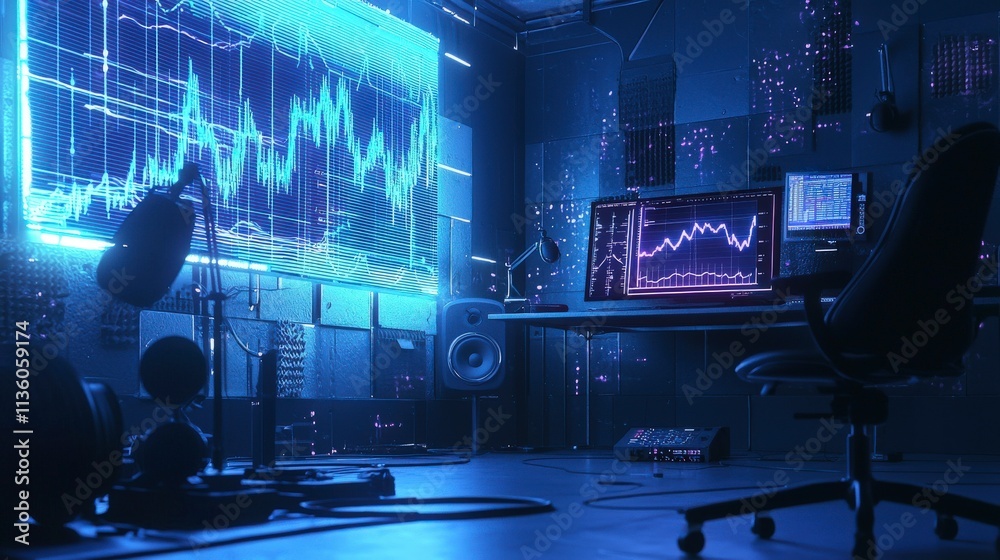 Aufkleber Digital narration setup with microphone and monitors in modern office environment urban space tech concept