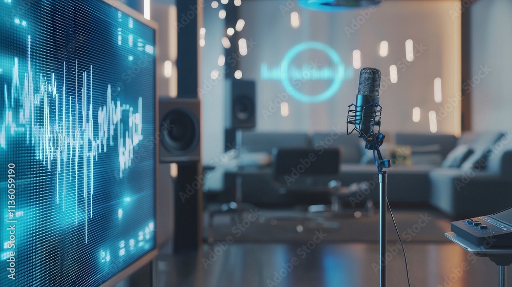 Aufkleber Dynamic audio recording setup with microphone and digital display in modern studio environment