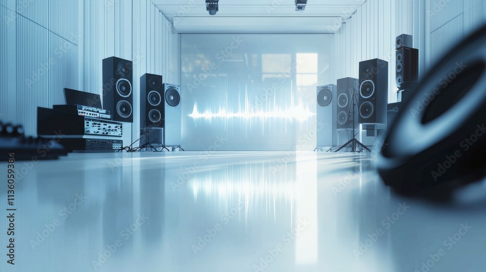Poster Creative audio production in a modern sound studio featuring clear waveform visualization serene environment