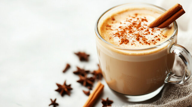 Creamy chai latte topped with cinnamon and spices in glass cup