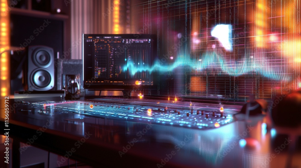 Poster Dynamic audio production setup featuring visual waveforms and technology in modern studio environment