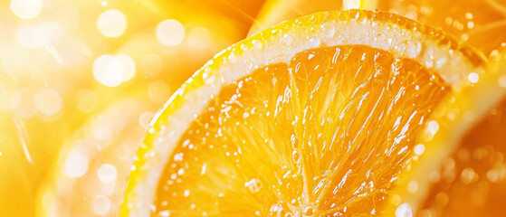 Freshly squeezed orange slices glistening with droplets, vibrant and juicy