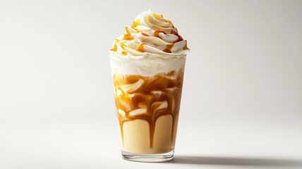 Creamy iced coffee topped with whipped cream and caramel drizzle