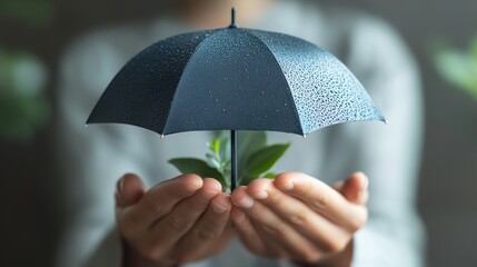 Protecting nature: A small plant under a rain-covered umbrella