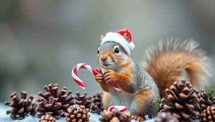 Fototapeta premium Playful Squirrel Wearing a Christmas Hat. Holding a Candy Cane Surrounded by Pinecones. Free Christmas Background. Chrismas Wallpaper. Cool Wallpaper 4k