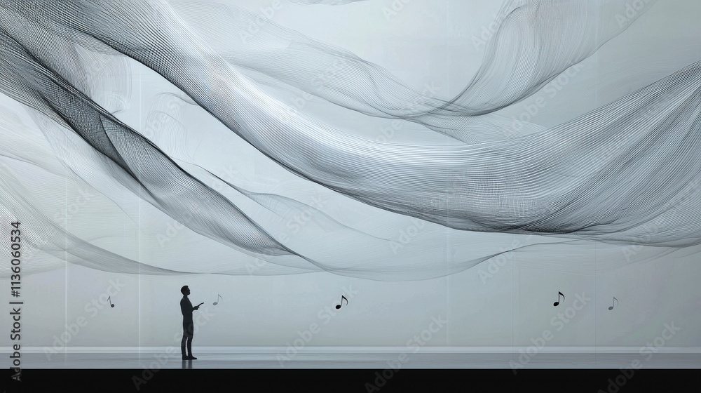 Poster visualizing rhythmic speech through sound waves contemporary space digital art minimalistic setting 