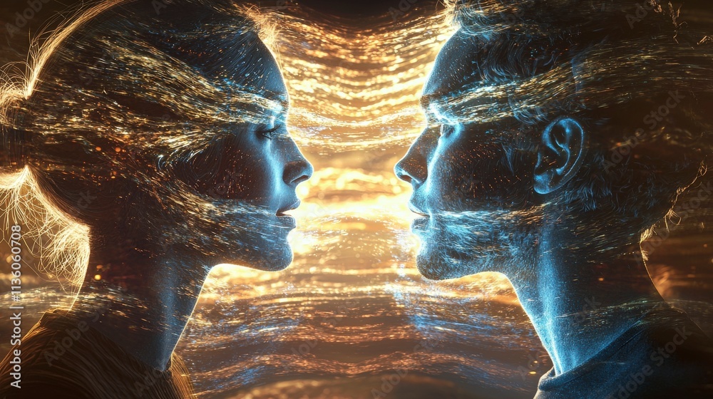 Aufkleber articulating communication between two individuals digital realm closeup portrait ethereal environme