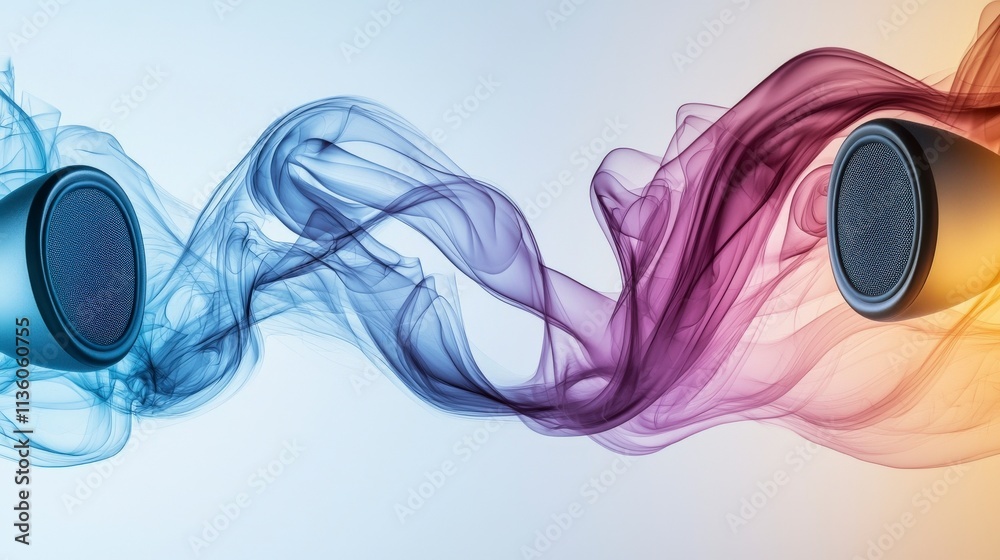 Leinwandbilder dynamic color waves flowing between speakers at a sound art event in a modern studio environment