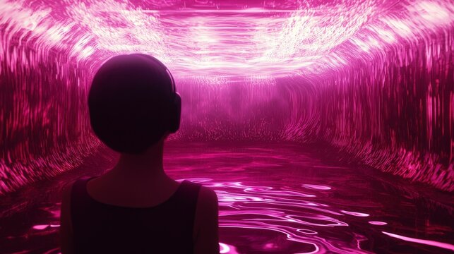 Immersive experience of dynamic glowing waves in a vibrant futuristic digital environment