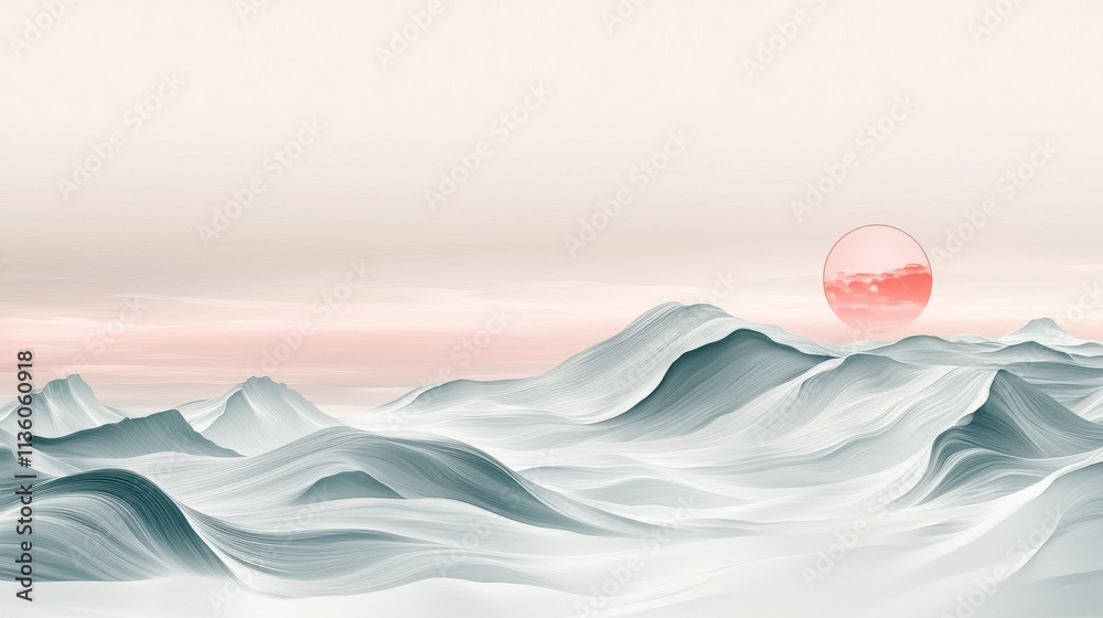 Poster dynamic soft gradient waves at sunset coastal landscape digital art tranquil environment aerial view