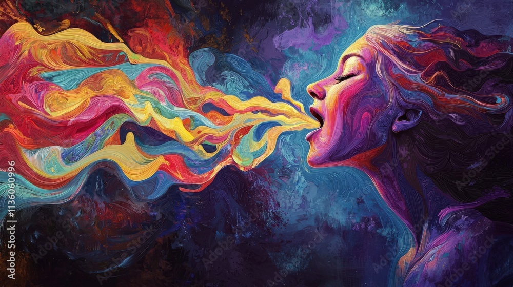 Poster Vibrant waves of color flowing from a speaker's mouth surreal art abstract setting expressive viewpoint dynamic concept