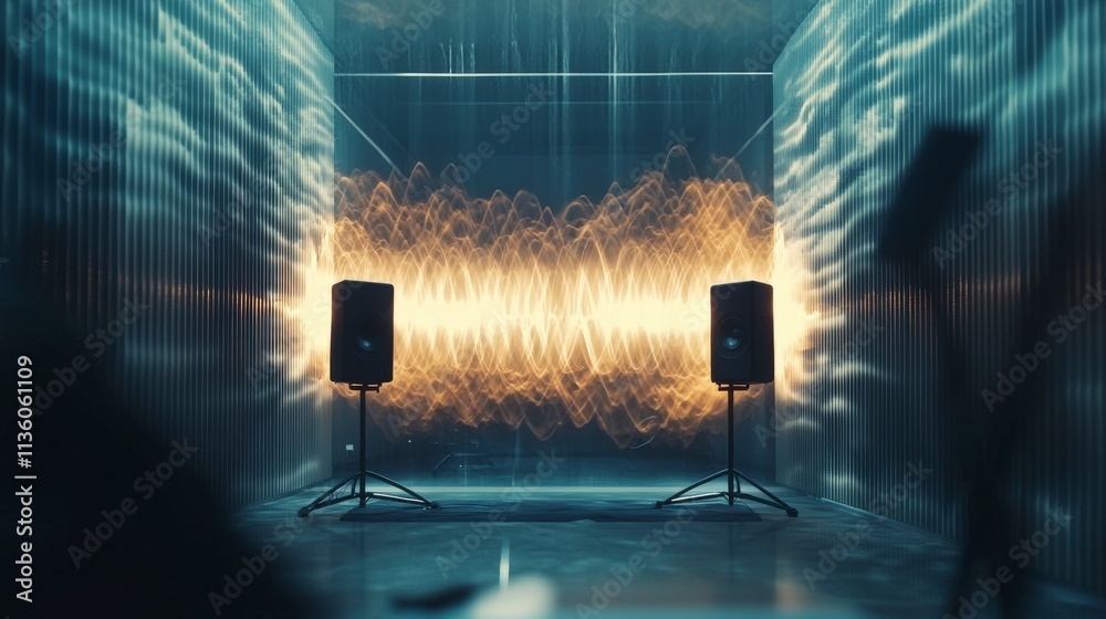 Aufkleber Sound waves visualization digital studio creative art high-tech environment dynamic perspective clarity concept