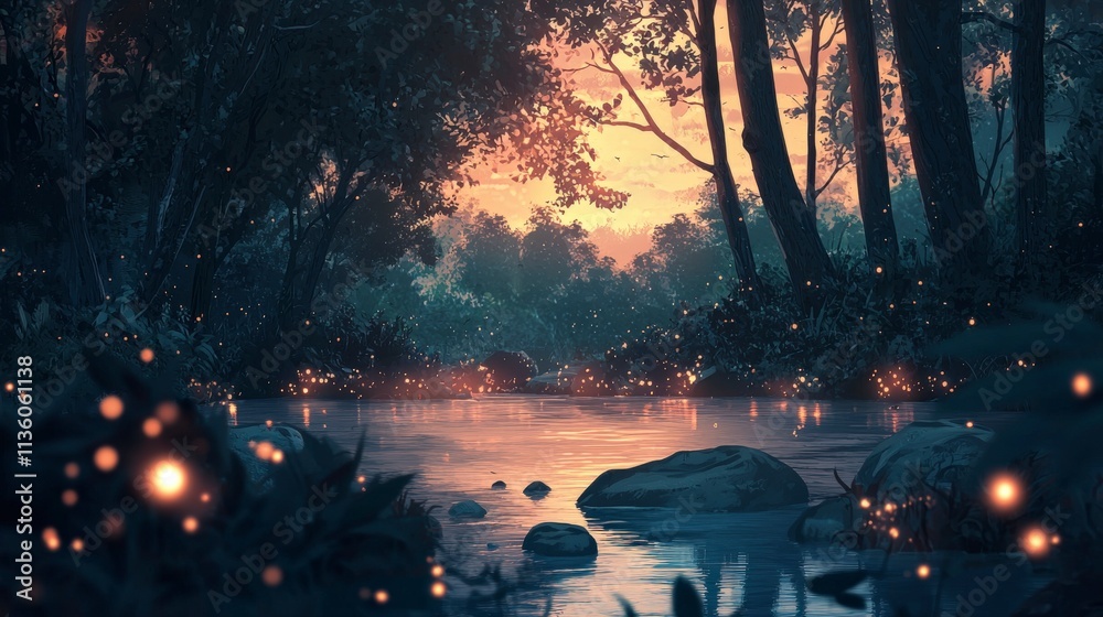 Poster soft rhythmic pulses of glowing light enchanted forest nature scene tranquil waterway evening glow s