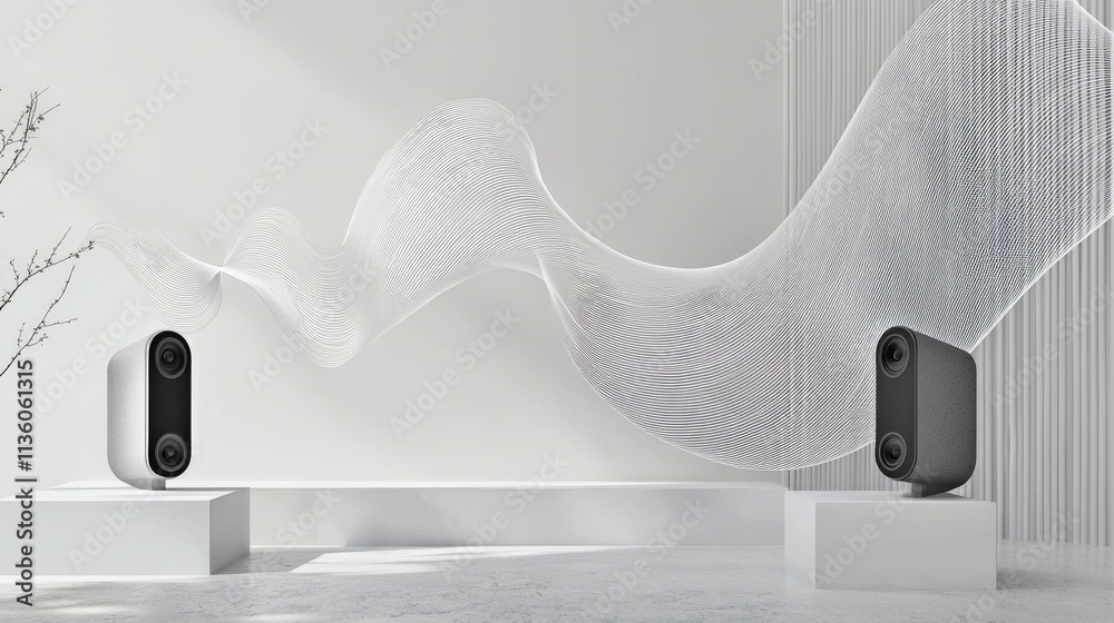 Poster Sound waves and cultural patterns flowing between speakers in modern space abstract art minimalist environment