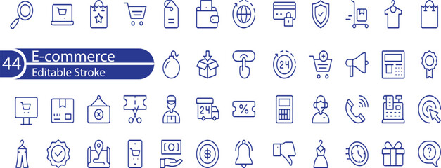 Ecommerce icon collection set. Containing shopping cart, sale tag, bag, credit cards, search, basket, quality icons set and more.