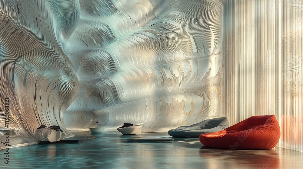 Poster artistic perspectives on modern architecture vibrant interiors shaped by subtle sound waves and cult