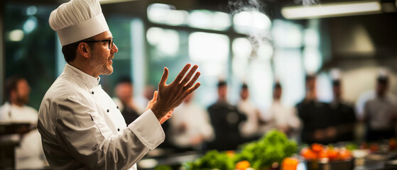 Chef teaching culinary skills in vibrant kitchen environment