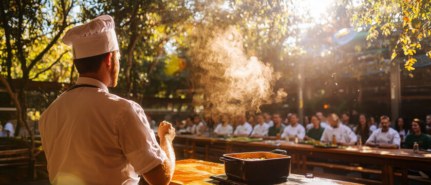 chef demonstrates culinary skills outdoors, engaging attentive audience