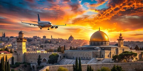 Fototapeta premium Breathtaking Double Exposure of an Airplane Landing Over the Historic Cityscape of Jerusalem, Israel, Blending Modern Aviation with Ancient Architecture and Culture