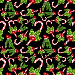 Watercolor Christmas seamless pattern with fir branches, candy canes with black color background for wrapping