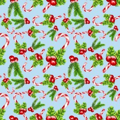 Watercolor Christmas seamless pattern with fir branches, candy canes with blue color background for wrapping