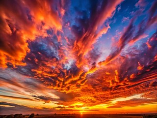 Obraz premium Breathtaking Panoramic Sunset Sky: Fiery Cloudscape, Golden Hour Panorama