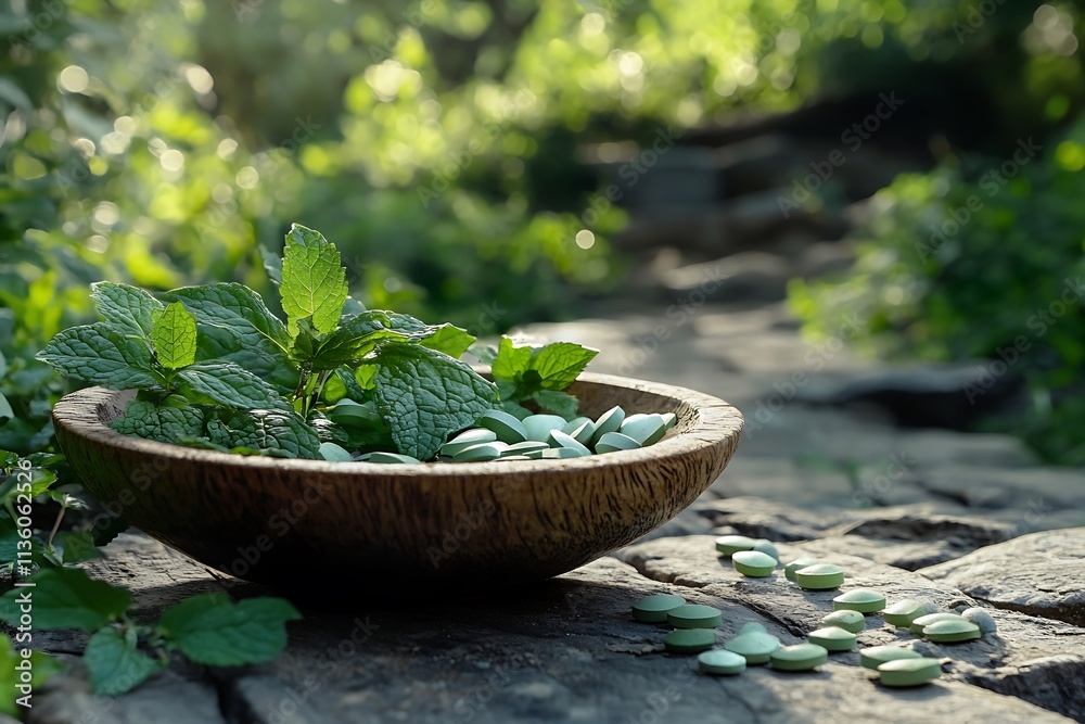 Wall mural Peppermint Herbal Remedy with Supplements in Nature Background