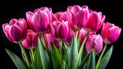 Fototapeta premium Bright Pink Tulips on a Black Background - Stunning Floral Arrangement for Postcards and Artistic Displays, Perfect for Celebrating Spring and Nature's Beauty