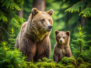Fototapeta premium Brown Bear Cub Photo: Adorable Wildlife Moments, Rule of Thirds Composition, Nature Photography