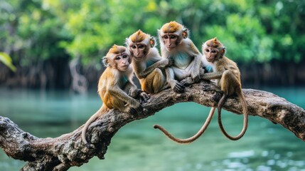 Obraz premium A family of monkeys sitting on a twisted mangrove branch, playfully grooming each other with a serene lagoon in the background