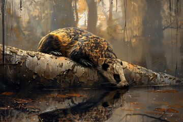 A serene scene of a unique animal reflecting in water, surrounded by a misty forest.