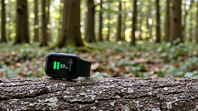 A fitness watch displaying heart rate data resting on a log in a serene forest environment