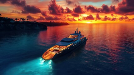 Fototapeta premium A majestic yacht illuminated by the radiant glow of a fiery sunset, casting long shadows over the tranquil blue waters, with a tropical coastline in the distance