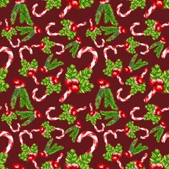 Watercolor Christmas seamless pattern with fir branches, candy canes with red color background for wrapping
