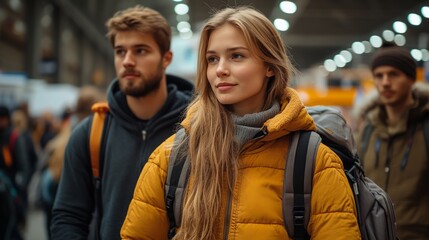 Obraz premium Young adults navigate through a lively marketplace, immersed in culture and excitement