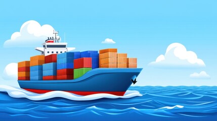 Colorful Cargo Ship Sailing on Blue Ocean with Containers in Bright Daylight Under Vibrant Clouds