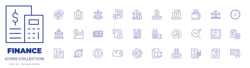 Finance icons collection. Thin Line icons, editable stroke. allocation, bank, business and finance, corporation, cost, edc, financial profit, investment, money, tax