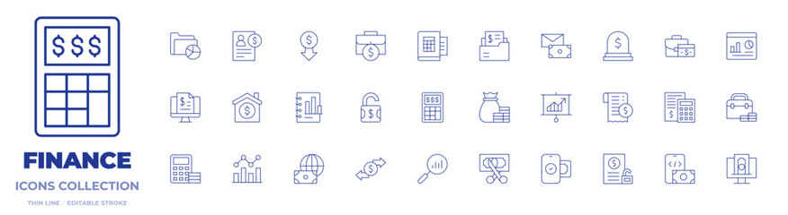 Finance icons collection. Thin Line icons, editable stroke. analytics, billing, book, calculator, credit, family, finance, folder, low price, prediction, stock, unlock
