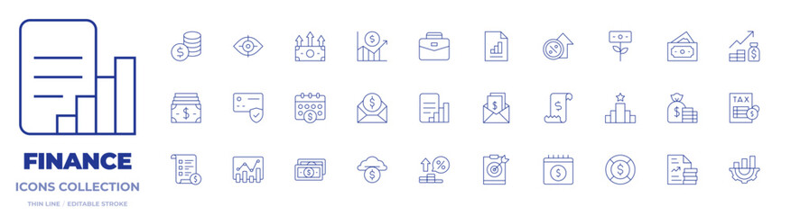 Finance icons collection. Thin Line icons, editable stroke. calendar, career, check, graph, grow, money, profits, rate, report, salary, subsidy, transaction, vision