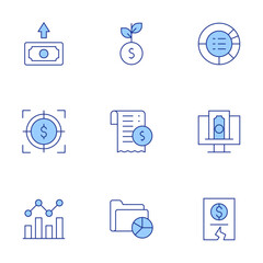 Finance icons set. Line Duotone style, editable stroke. investment, target, funding, transaction history, analytics, fluctuation, money, allocation, budget
