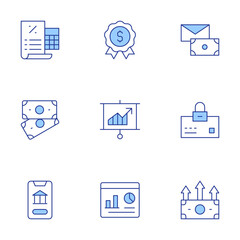 Finance icons set. Line Duotone style, editable stroke. profits, dashboard, money, presentation, lock, taxes, online banking, badge